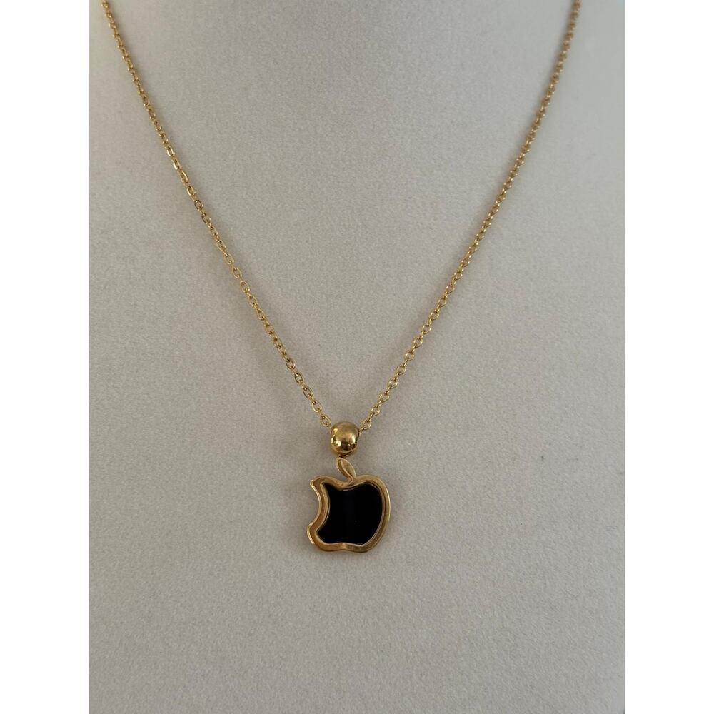 Black Apple Pendant Necklace Gold Stainless Steel Minimal Charm Gift - Picture 4 of 5